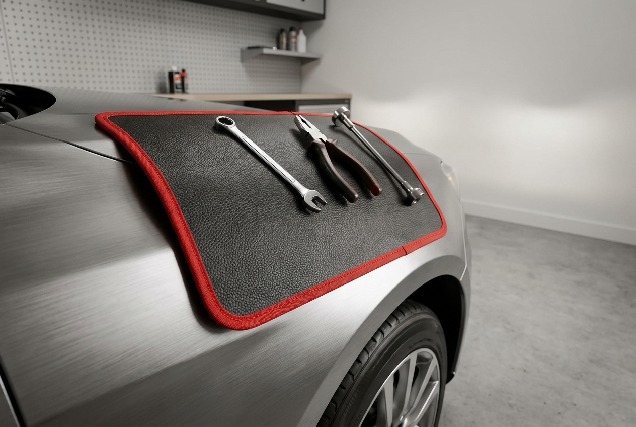 Tapis aimanté noir à liseré rouge plaqué sur une aile de voiture