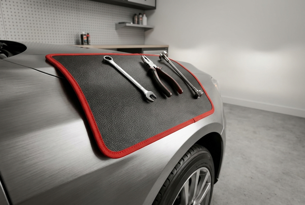 Tapis aimanté noir à liseré rouge plaqué sur une aile de voiture