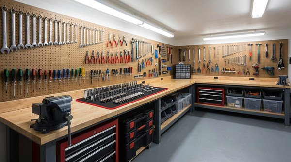 Garage de mécanique bien rangé avec outils organisés et tapis aimanté