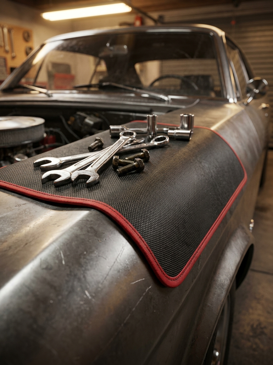 Tapis aimanté sur avant gauche de voiture avec outils