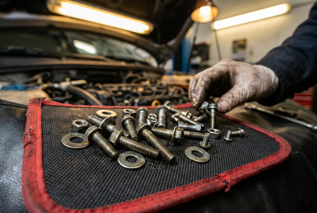 Main prenant boulons d'un tapis sur par-choc avant de voiture