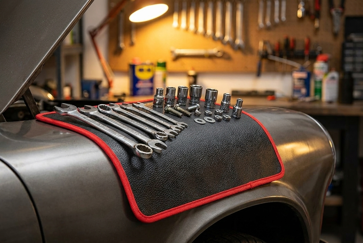 Tapis aimanté sur avant droit de voiture avec outils aimantés