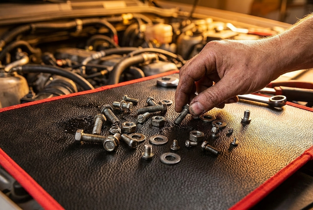 Main sur tapis aimanté sur moteur de voitures avec boulons et visses