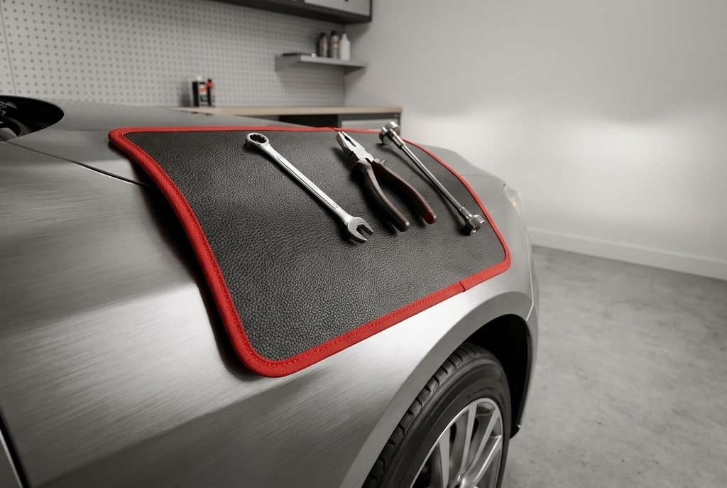 Tapis aimanté posé sur le coffre d'une voiture en atelier, outils dessus
