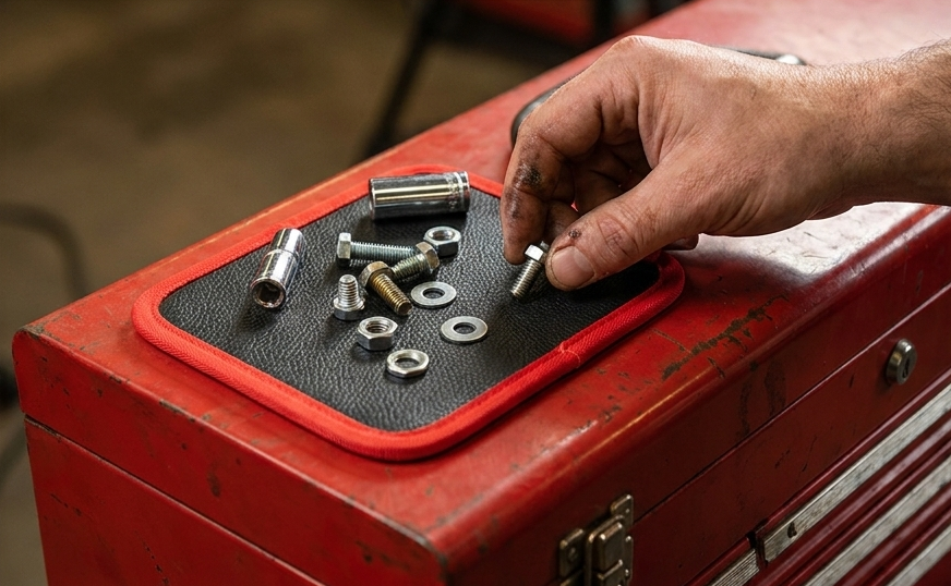Main prenant des boulons sur un tapis aimanté posé sur une caisse à outils