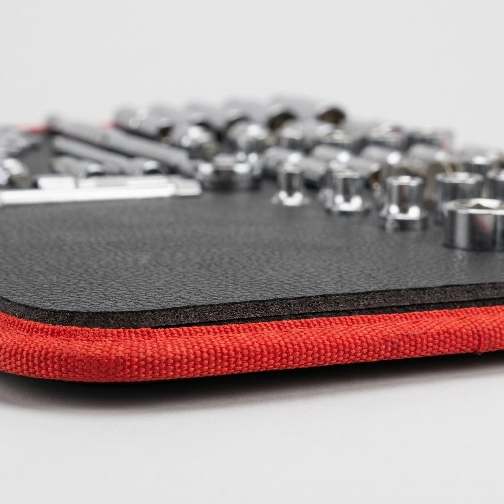 Vue de près, Clés et douilles retenues sur un tapis aimanté de mécanique