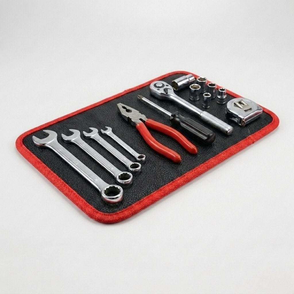 Tapis aimanté noir et rouge, vue de trois quarts sur fond clair, 32cm*24cm avec outils