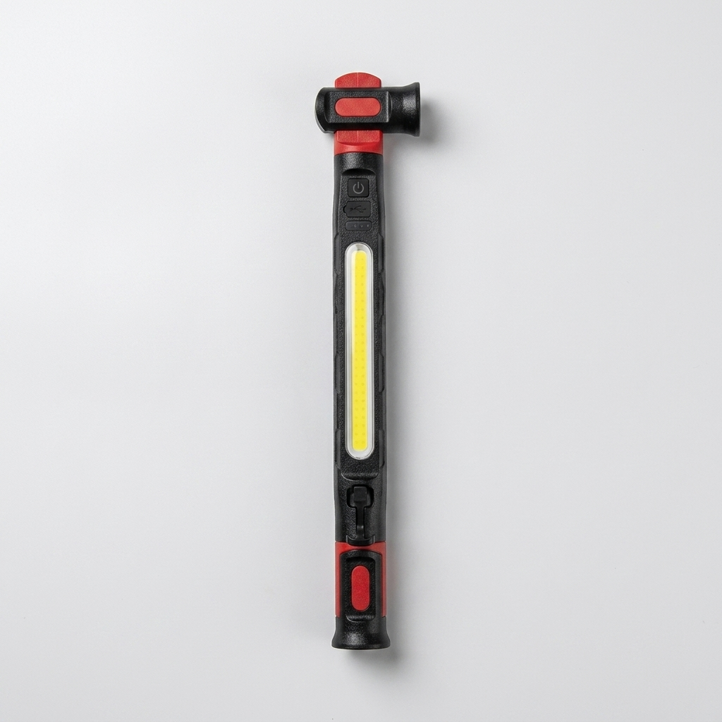 Lampe d'atelier LED COB noire et rouge vue de face, bandeau lumineux central allumé et bouton d'alimentation