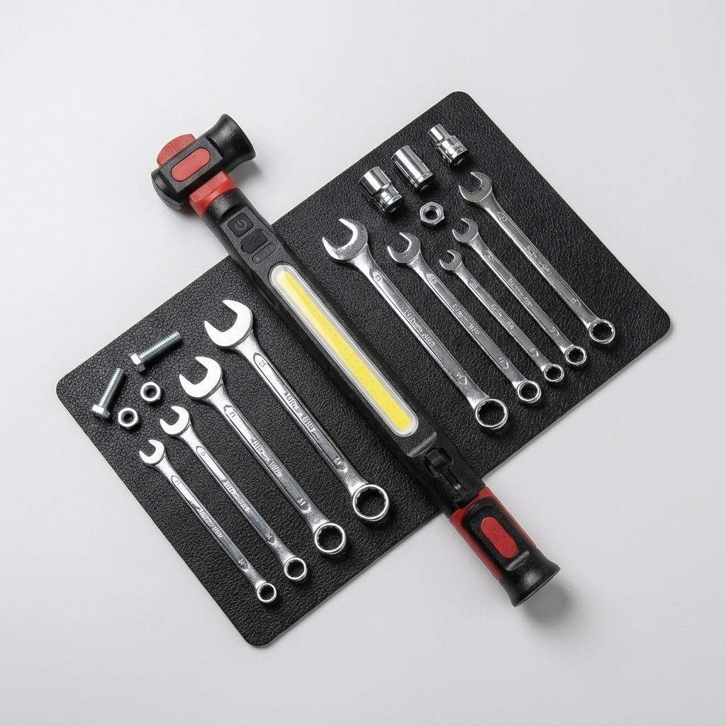 Lampe de travail LED COB dépliée sur une pochette d'outils avec clés plates et douilles, en usage mécanique